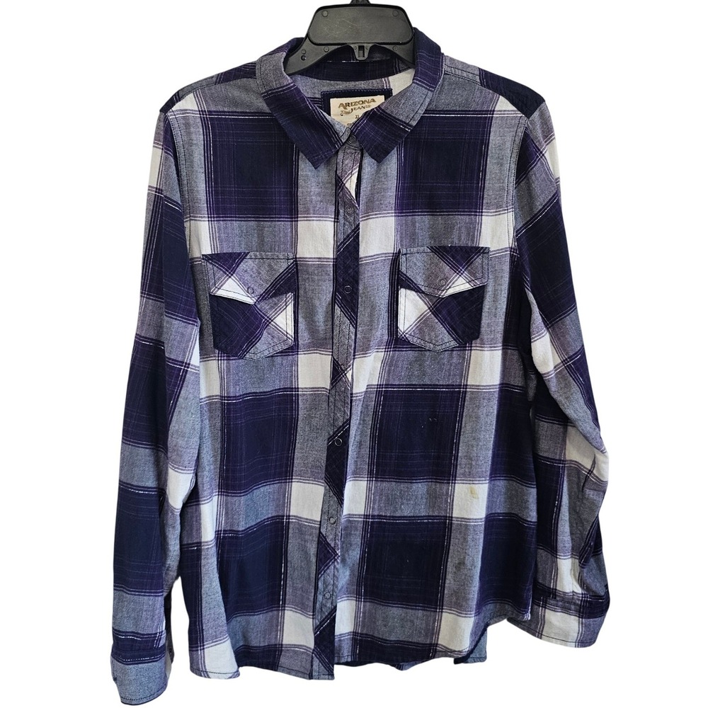 Arizona Jean Co XL Purple White Plaid Flannel Button Down Shirt Mens Long Sleeve